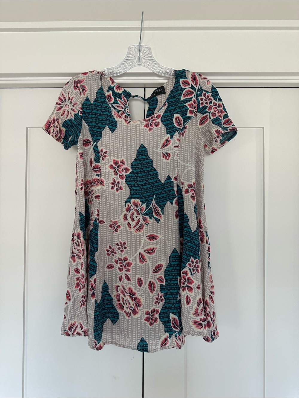 Astr Floral Short Swing Dress in Teal and Pink